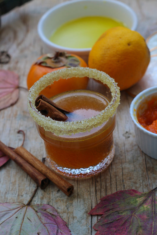 Persimmon Bourbon Old Fashioned with Olive Oil Sugar Rim
