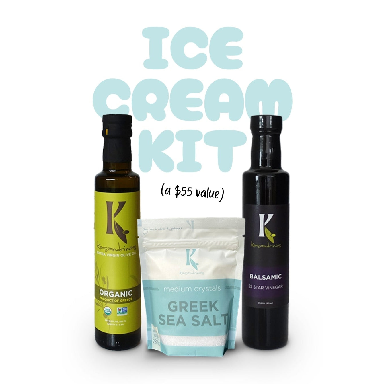 Ice cream kit with three bottles on a white background