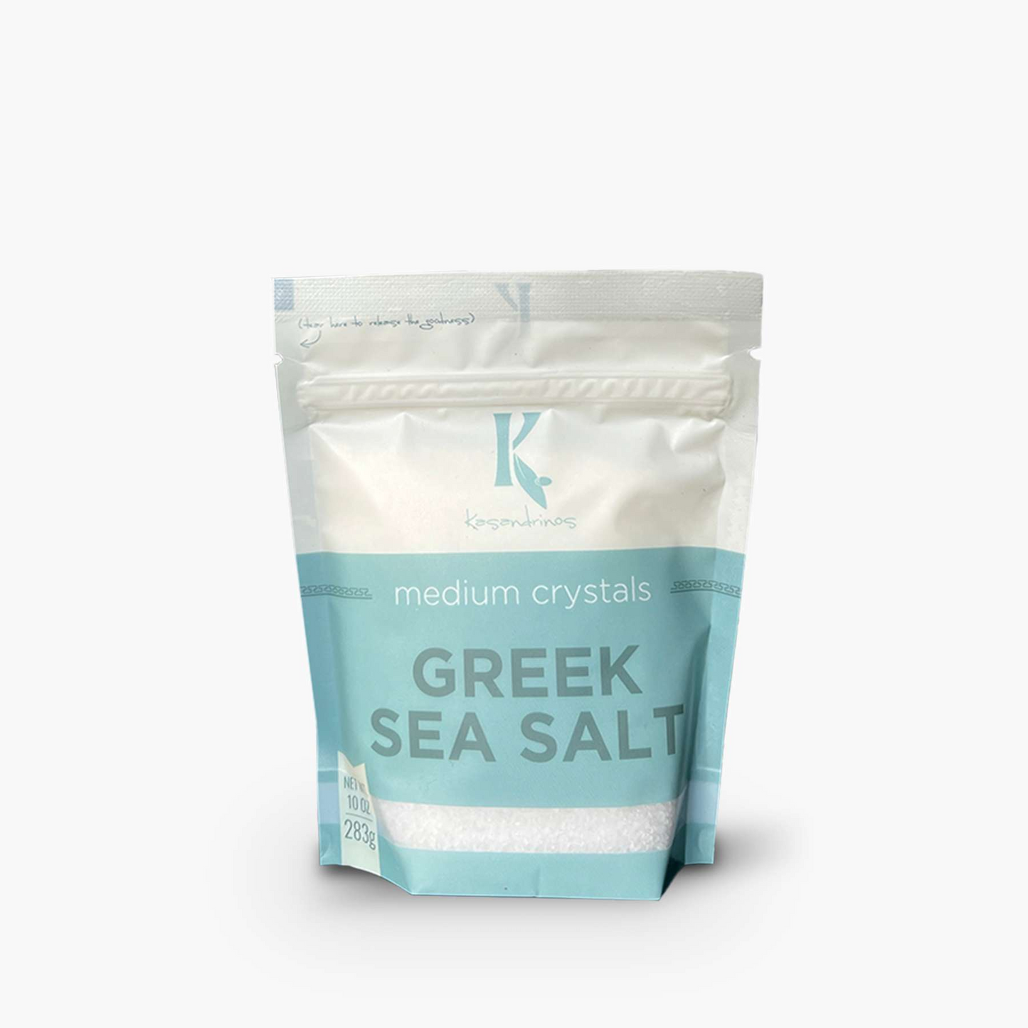 Package of Greek sea salt with a brand logo on a white background
