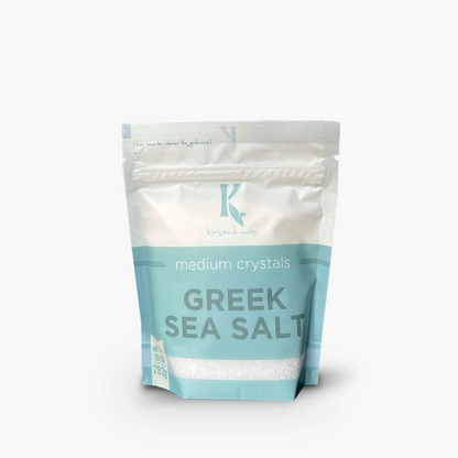 Package of Greek sea salt with a brand logo on a white background